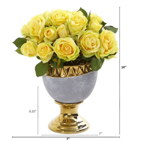 14” Rose Artificial Arrangement in Urn with Gold Trimming