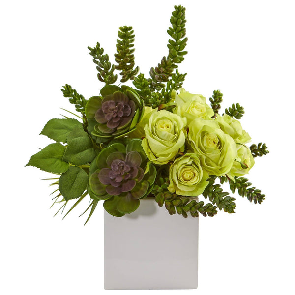 14” Rose & Succulent Artificial Arrangement in White Vase