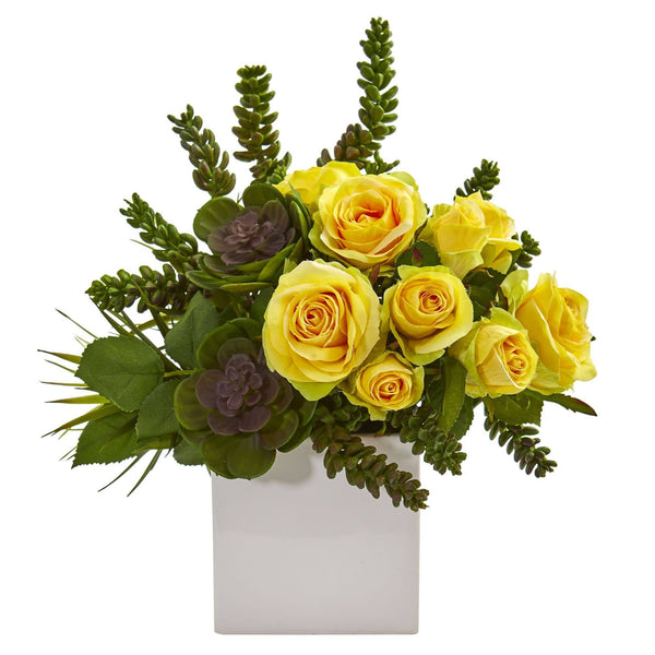 14” Rose & Succulent Artificial Arrangement in White Vase