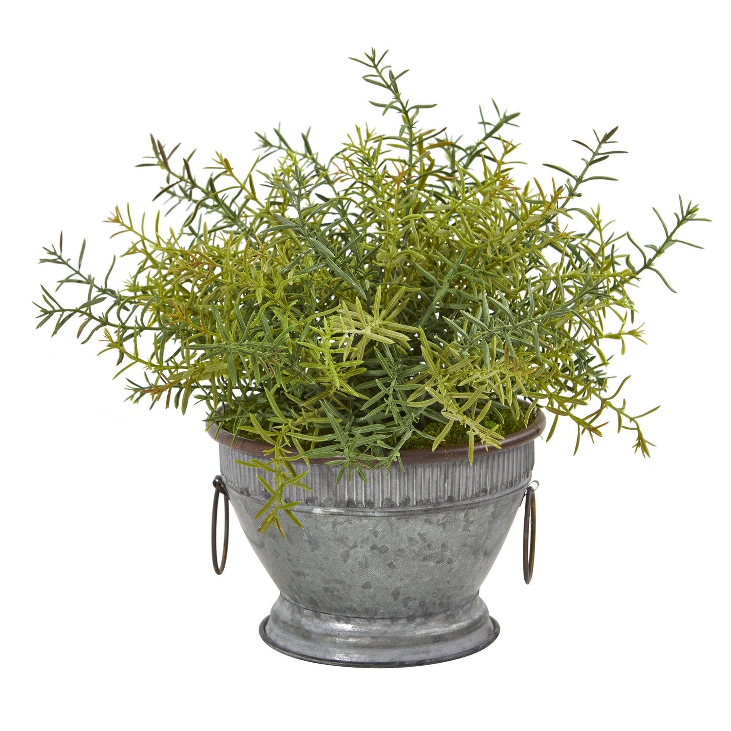 14” Rosemary Artificial Plant in Vintage Metal Bowl with Copper Trimming