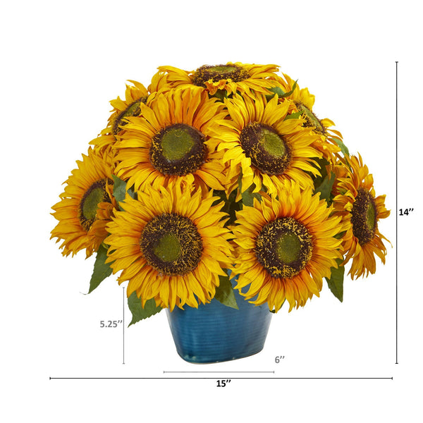 14” Sunflower Artificial Arrangement in Blue Vase