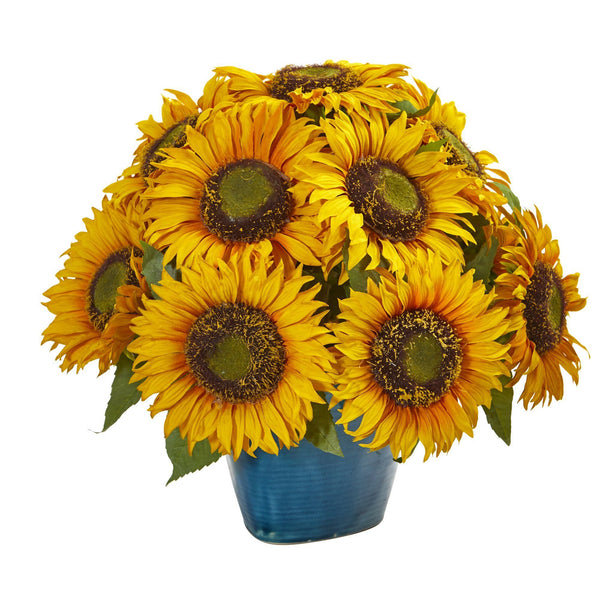 14” Sunflower Artificial Arrangement in Blue Vase