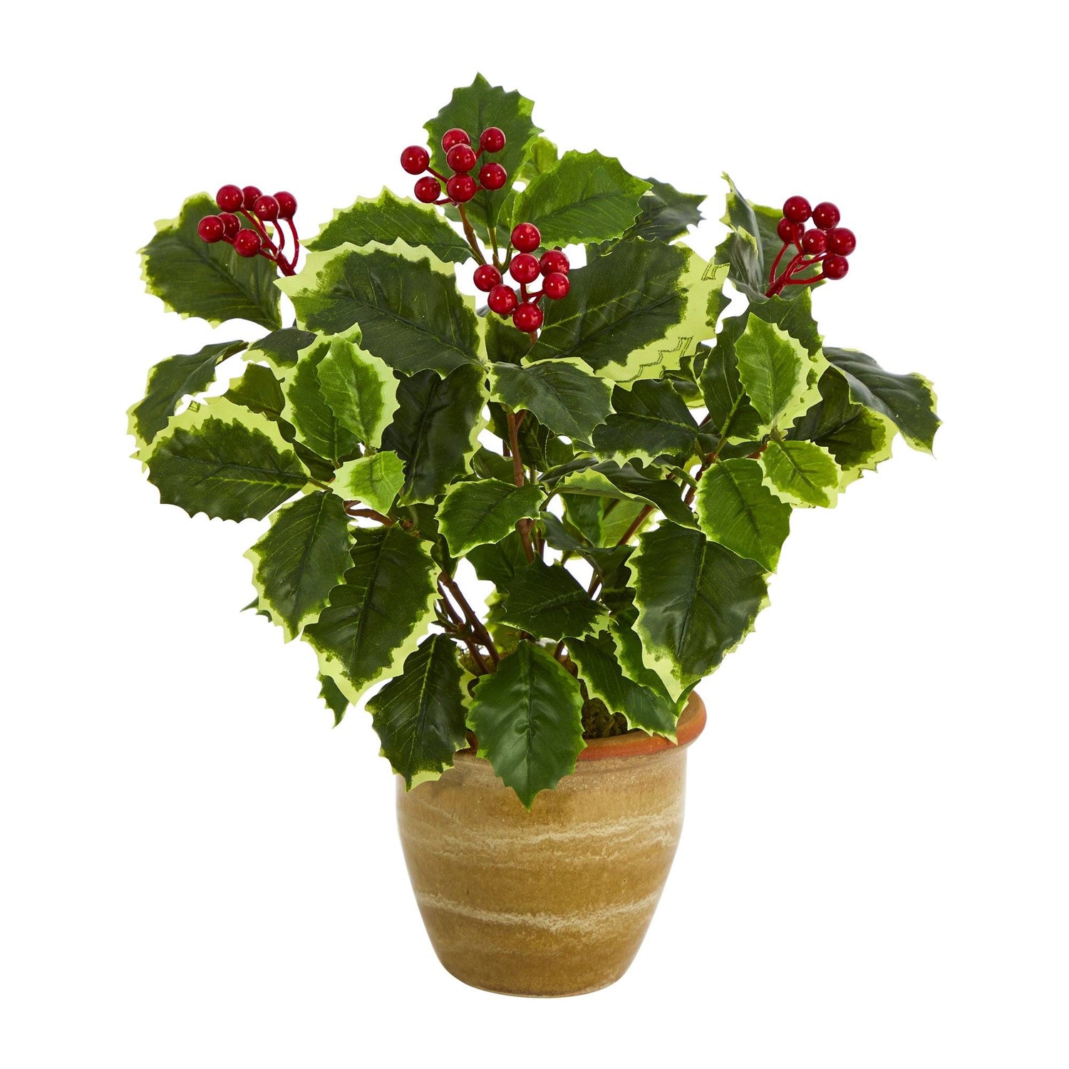 14” Variegated Holly Leaf Artificial Plant in Ceramic Planter (Real Touch)