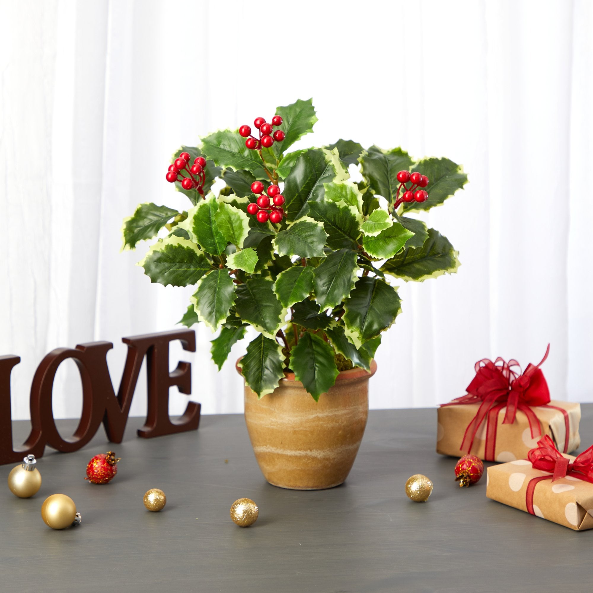 14” Variegated Holly Leaf Artificial Plant in Ceramic Planter