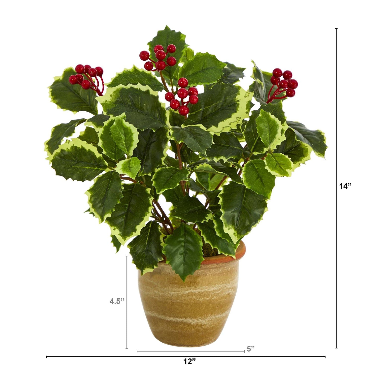 14” Variegated Holly Leaf Artificial Plant in Ceramic Planter (Real Touch)