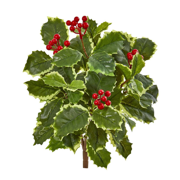 14” Variegated Holly Leaf Bush Artificial Plant (Set of 12) (Real Touch)