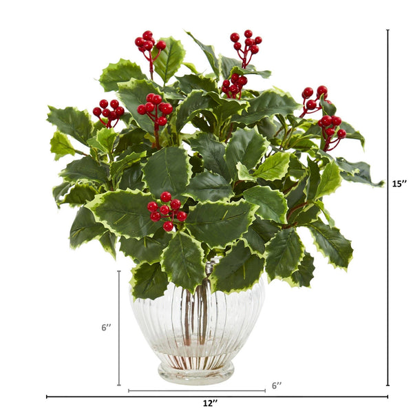 15” Artificial Variegated Holly Leaf Plant in Vase (Real Touch)