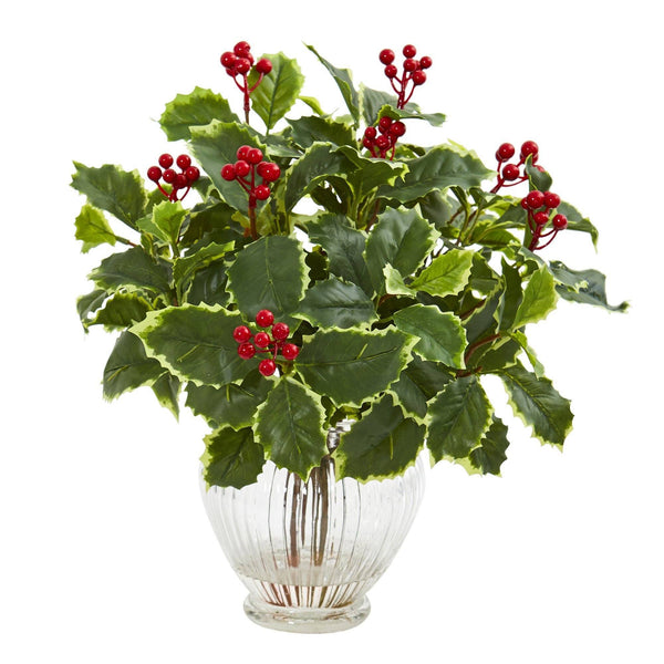 15” Artificial Variegated Holly Leaf Plant in Vase (Real Touch)