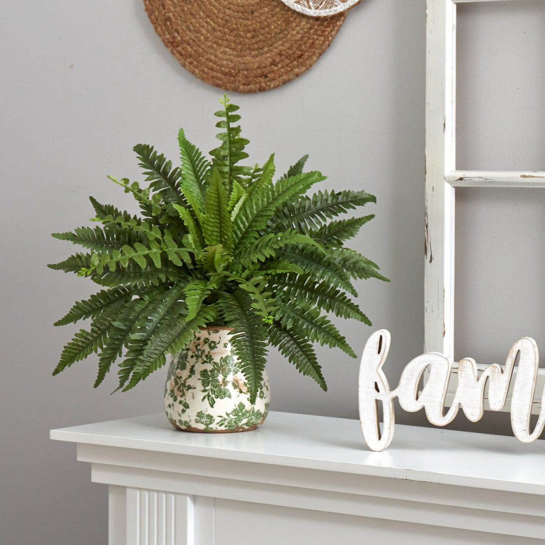 tk maxx plant pots 15” Boston Fern Artificial Plant with Tuscan Ceramic Green Scroll Planter