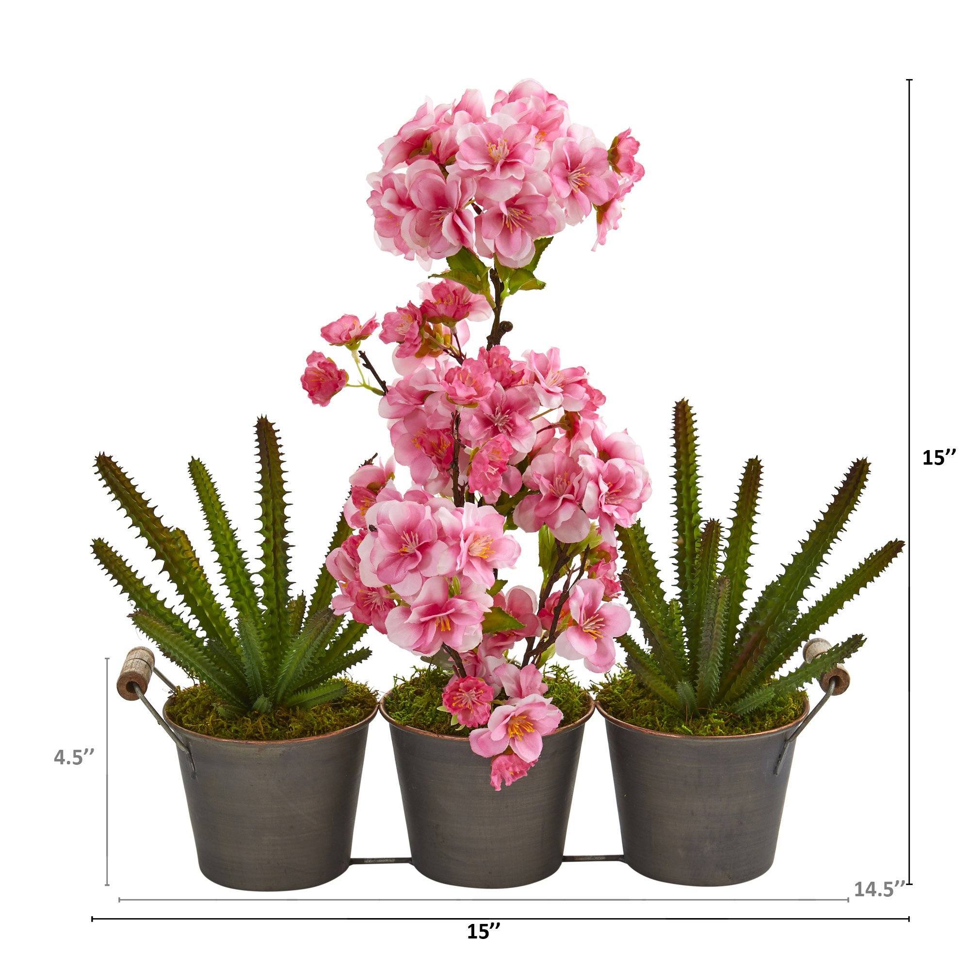 15” Cherry Blossom and Cactus Artificial Arrangement in Trio Metal