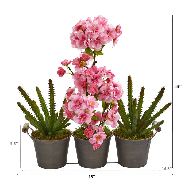 15” Cherry Blossom and Cactus Artificial Arrangement in Trio Metal Vase