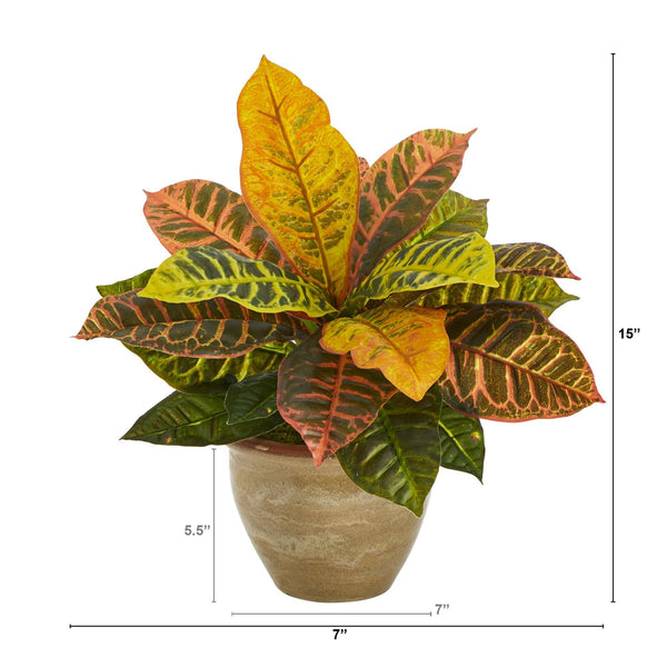 15” Garden Croton Artificial Plant in Ceramic Planter (Real Touch)