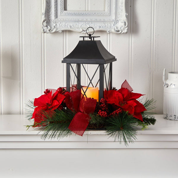 15” Holiday Poinsettia, Pinecone and Greenery with Lantern and LED Candle Table Arrangement