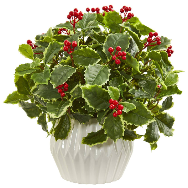 15” Holly Leaf Artificial Plant in White Vase (Real Touch)