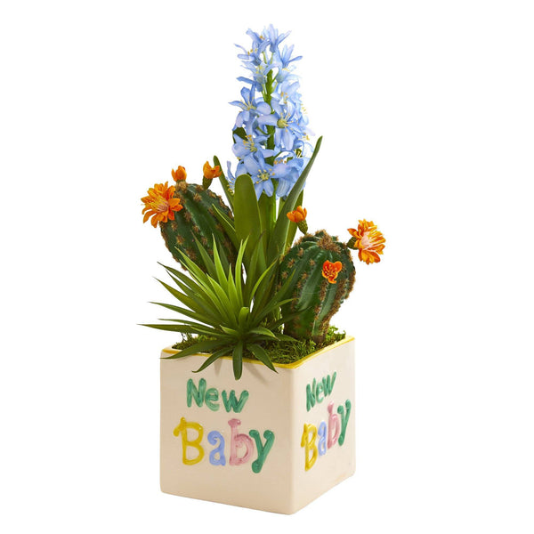 15” Hyacinth and Succulent Artificial Plant in “New Baby” Planter