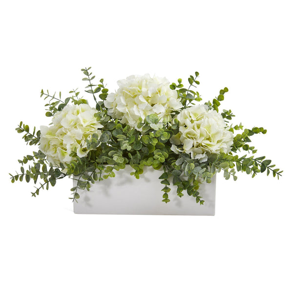 15” Hydrangea and Eucalyptus Artificial Arrangement in White Vase