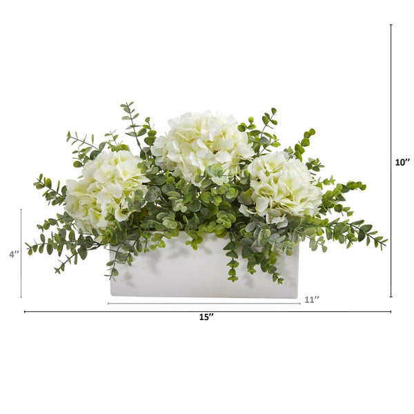 15” Hydrangea and Eucalyptus Artificial Arrangement in White Vase