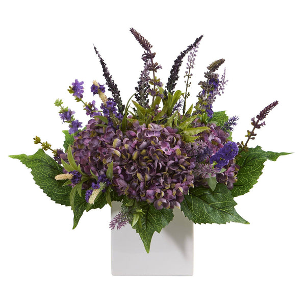 15” Hydrangea and Lavender Artificial Arrangement in White Vase