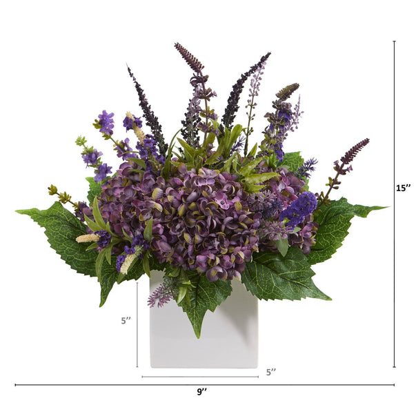 15” Hydrangea and Lavender Artificial Arrangement in White Vase