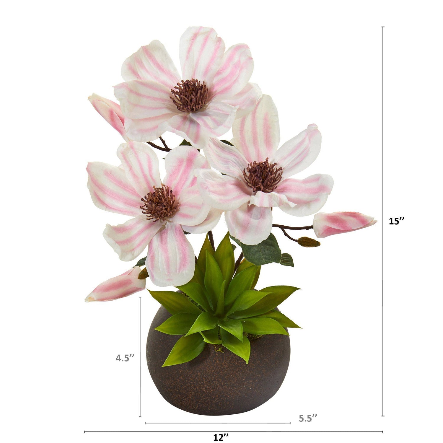15” Magnolia and Succulent Artificial Arrangement in Stone Vase