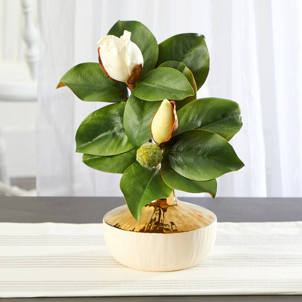 15” Magnolia Artificial Plant in Gold and Cream Elegant Planter
