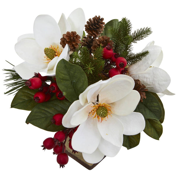 15” Magnolia, Pine and Berries Artificial Arrangement