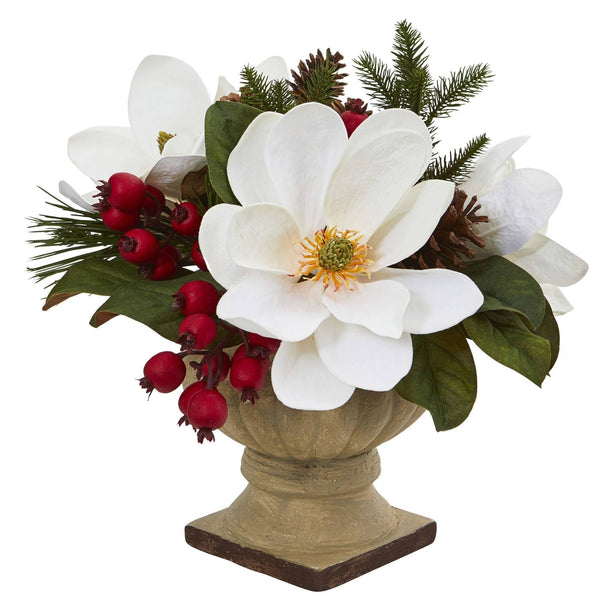 15” Magnolia, Pine and Berries Artificial Arrangement