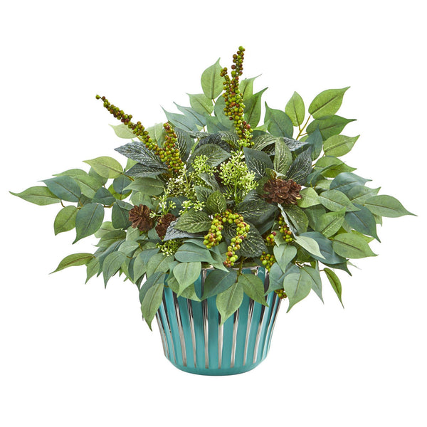 15” Mixed Fittonia and Ficus Artificial Plant in Turquoise Vase