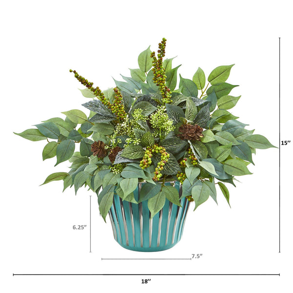15” Mixed Fittonia and Ficus Artificial Plant in Turquoise Vase