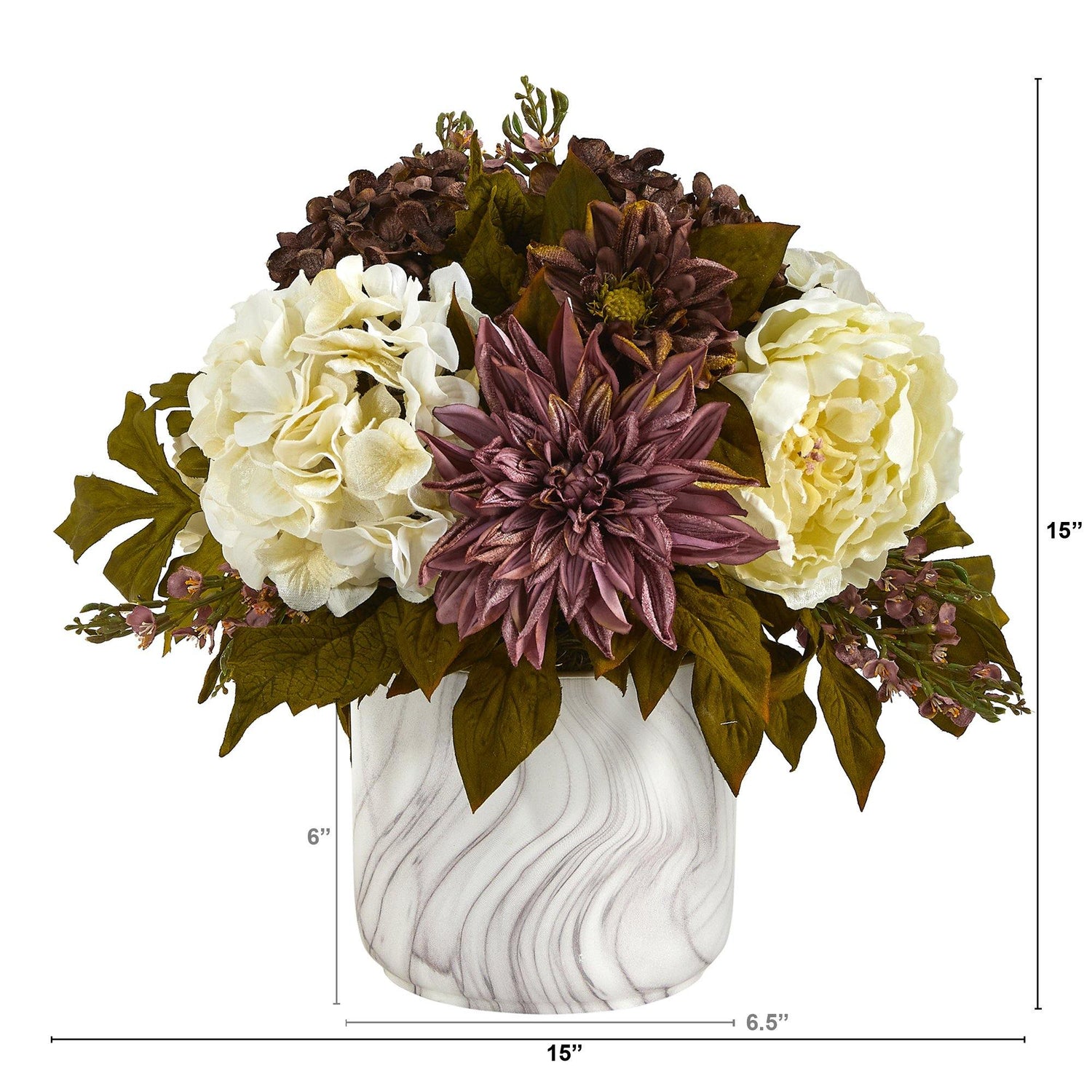 15” Peony, Hydrangea and Dahlia Artificial Arrangement in Marble Finished Vase