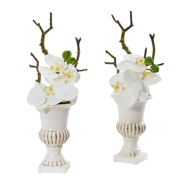 15” Phalaenopsis Orchid Arrangement in White Urn (Set of 2)