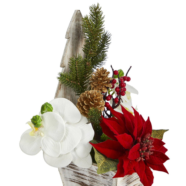 15” Poinsettia and Orchid Artificial Arrangement in Christmas Tree Vase