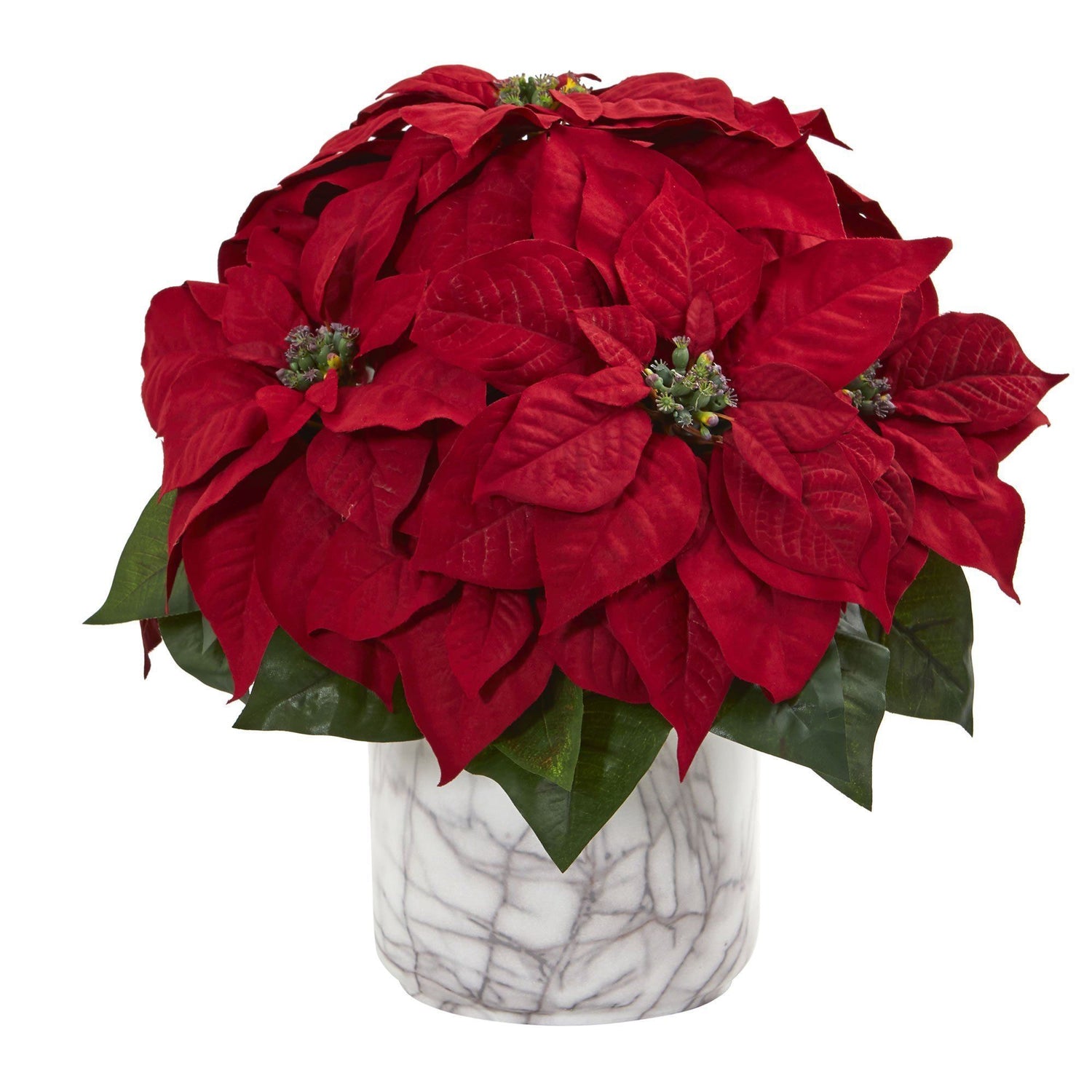 15” Poinsettia Artificial Arrangement in Marble Finished Vase