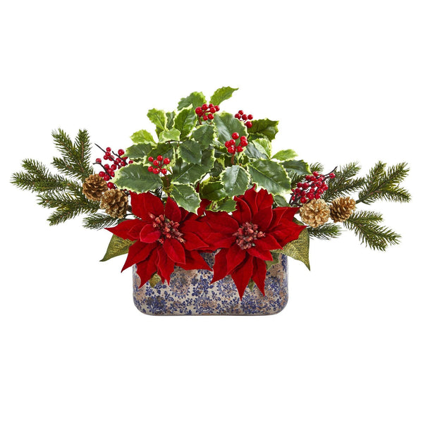 15" Poinsettia, Berry and Holly Artificial Arrangement in Vase"