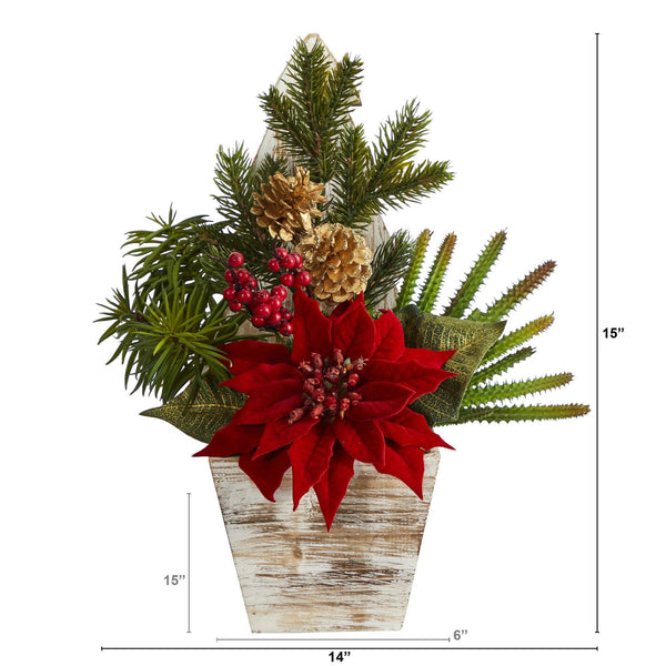 15” Poinsettia, Cactus and Succulent Artificial Arrangement in Christmas Tree Planter