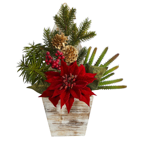 15” Poinsettia, Cactus and Succulent Artificial Arrangement in Christmas Tree Planter