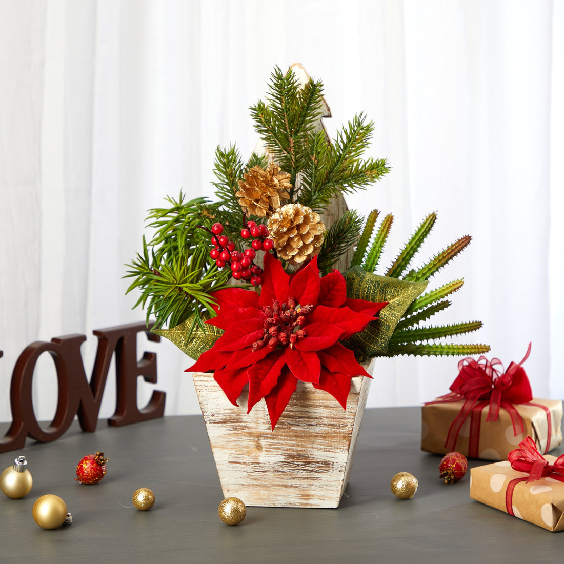 succulent christmas arrangements 15” Poinsettia, Cactus and Succulent Artificial Arrangement in Christmas Tree Planter