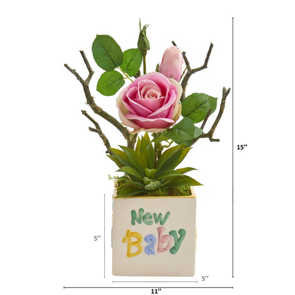 15” Rose and Agave Artificial Arrangement in “New Baby” Vase