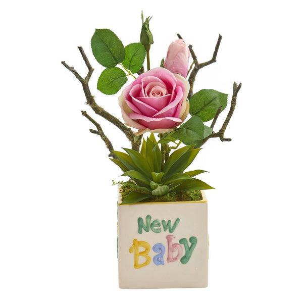 15” Rose and Agave Artificial Arrangement in “New Baby” Vase