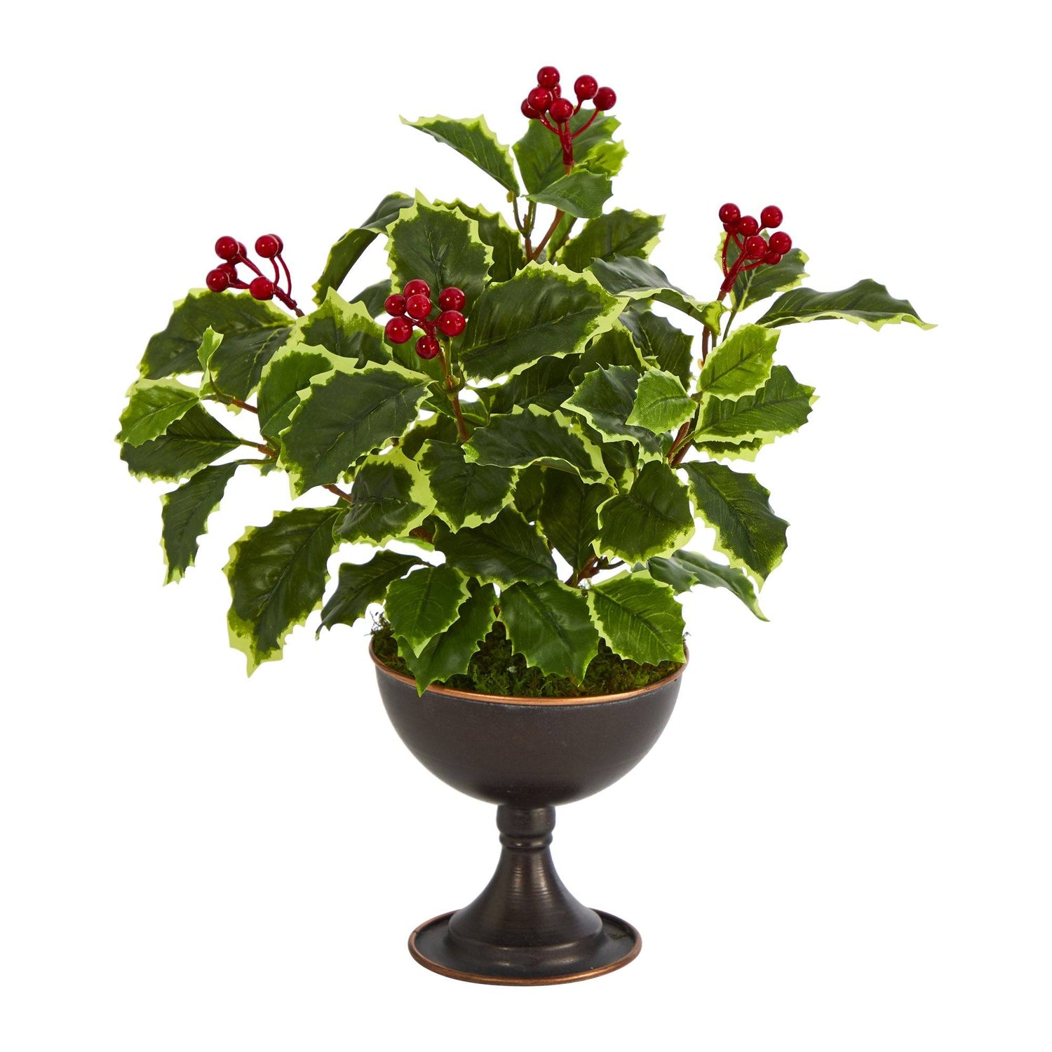 15” Variegated Holly Artificial Plant in Metal Chalice (Real Touch)