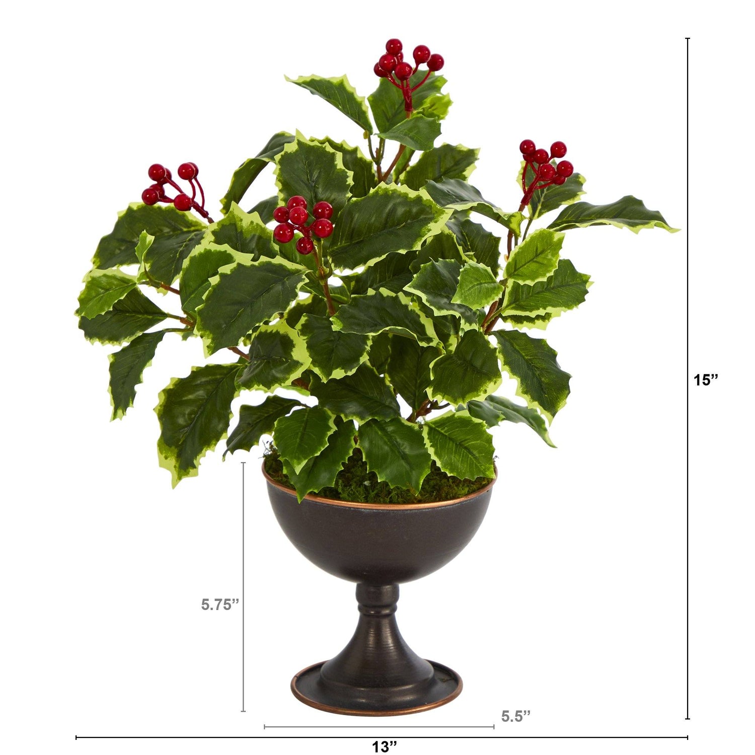15” Variegated Holly Artificial Plant in Metal Chalice (Real Touch)