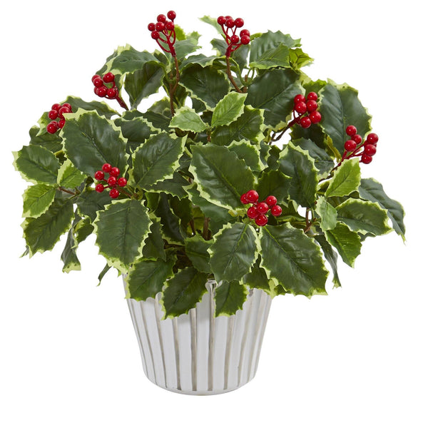 15” Variegated Holly Leaf Artificial Plant in White Vase (Real Touch)