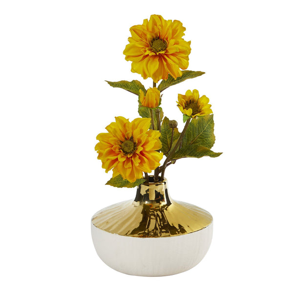 15” Zinnia Arrangement in Gold and Cream Elegant Vase