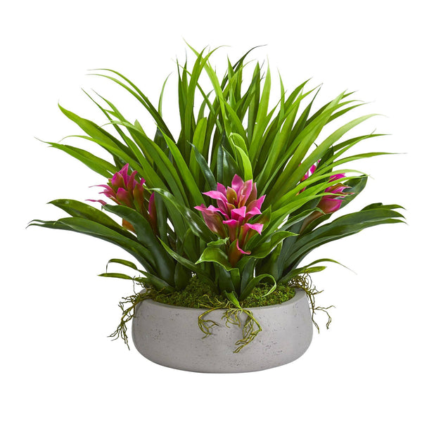 16” Bromeliad & Grass Artificial Plant in Ceramic Vase