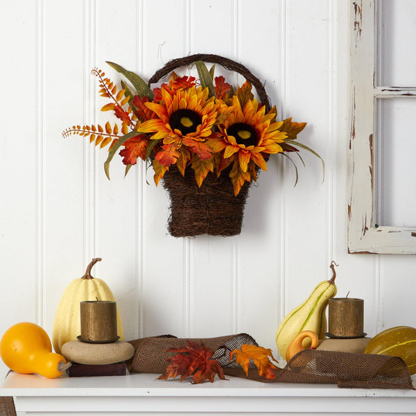 16” Fall Sunflower Artificial Autumn Arrangement in Decorative Basket