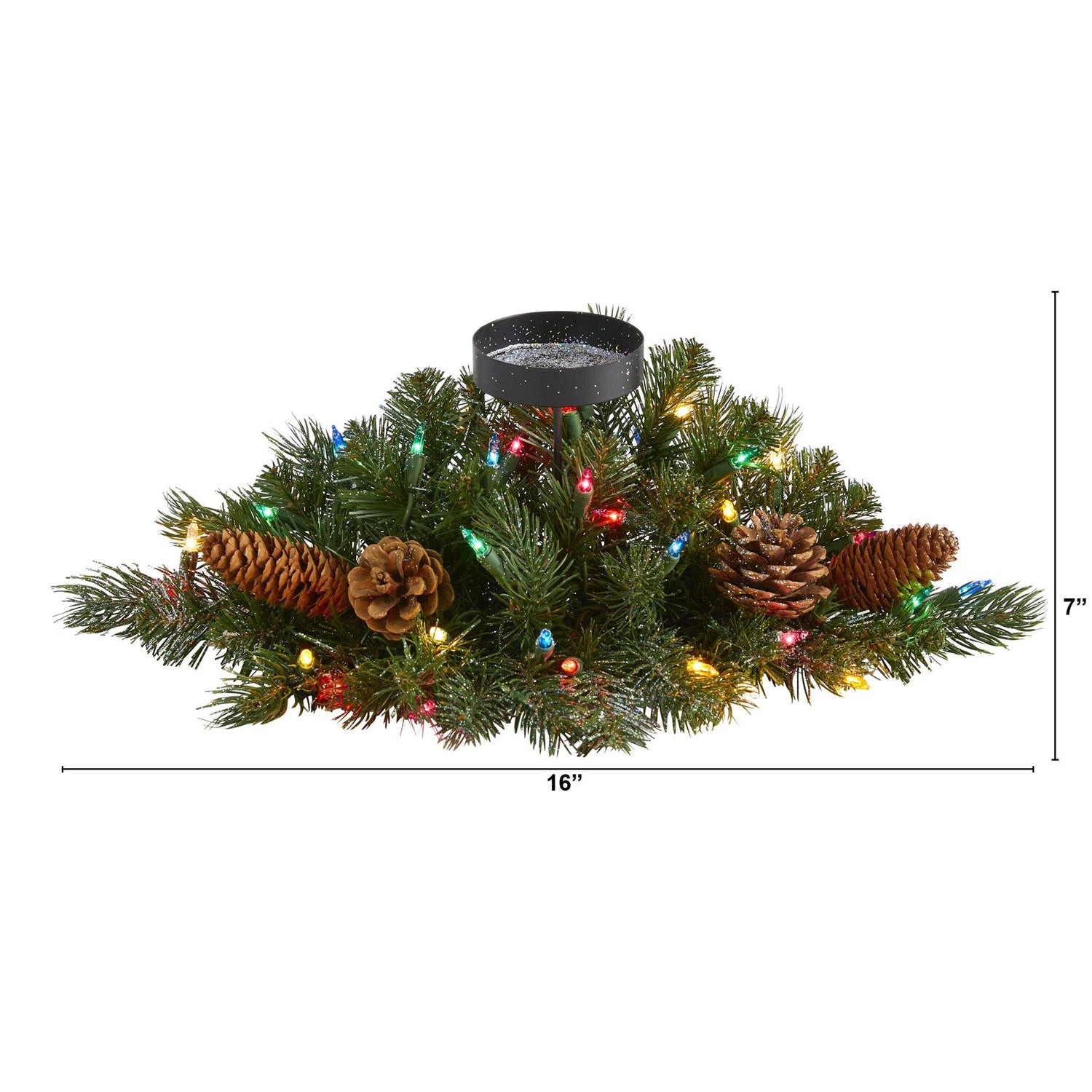 16” Flocked and Glittered Artificial Christmas Pine Candelabrum with 35 Multicolored Lights and Pine Cones
