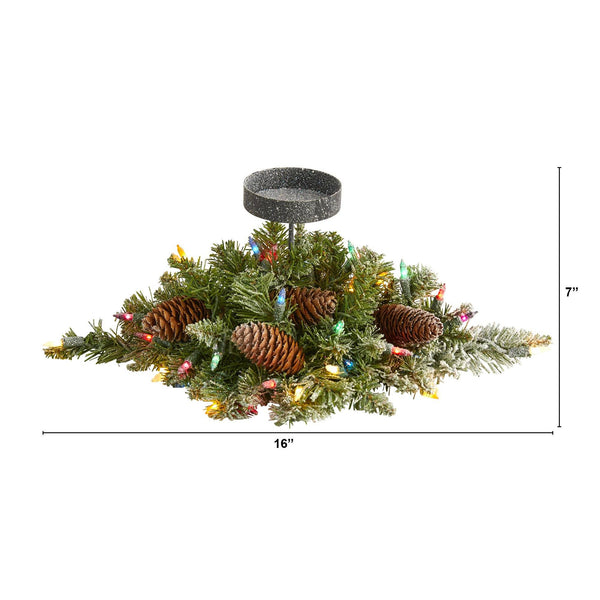 16” Flocked Artificial Christmas Pine Candelabrum with 35 Multicolored Lights and Pine Cones