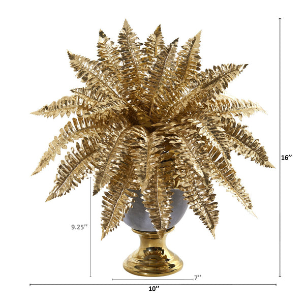 16” Golden Boston Fern Artificial Plant in Stoneware Urn with Gold Trimming