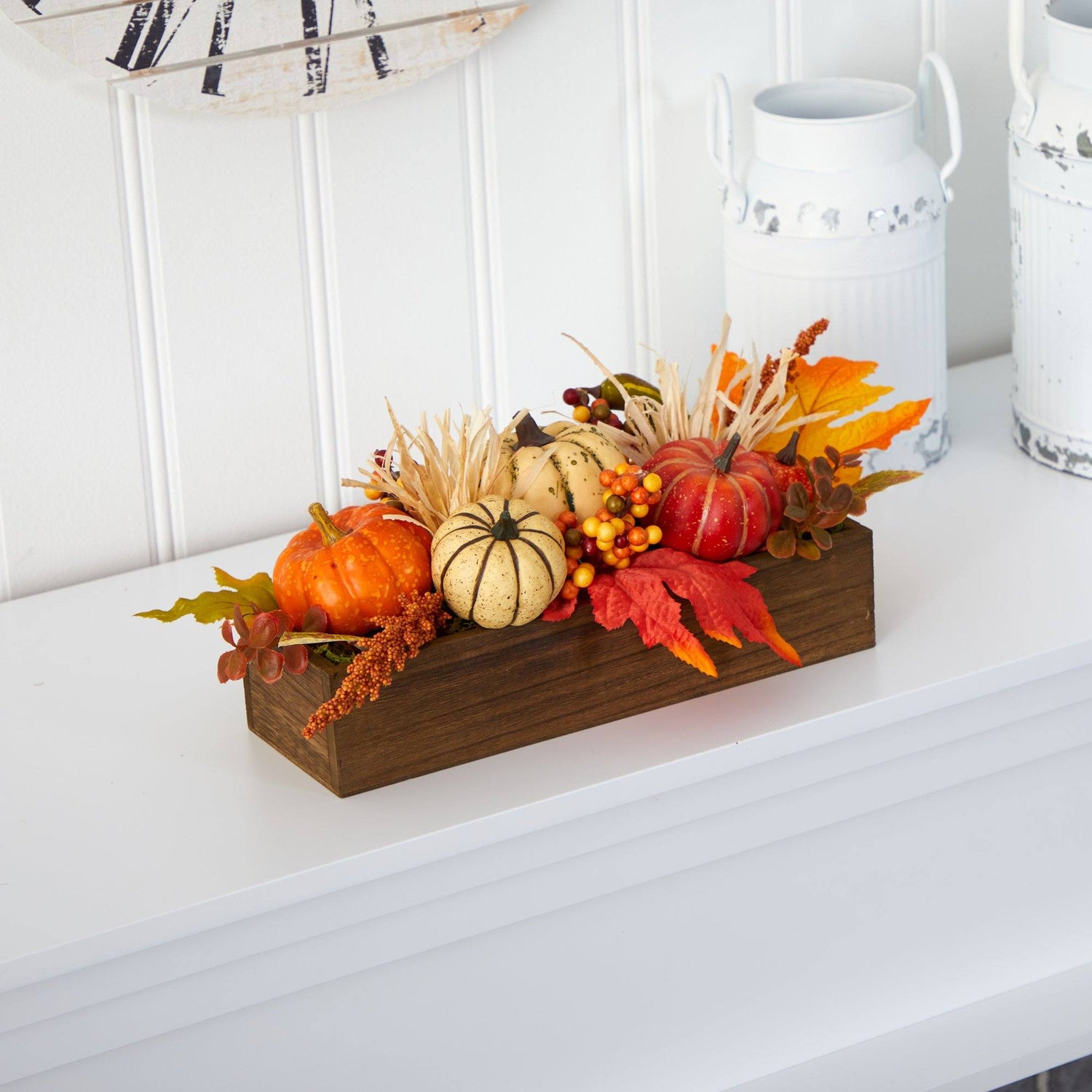 16” Harvest Pumpkin and Berries Artificial Arrangement in Wood Vase