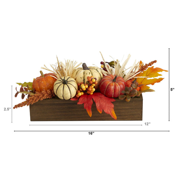 16” Harvest Pumpkin and Berries Artificial Arrangement in Wood Vase